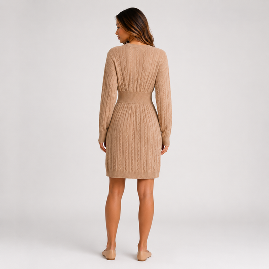 Women's Cable Knit Midi Dress – V-Neck Shirred Waist Fit
