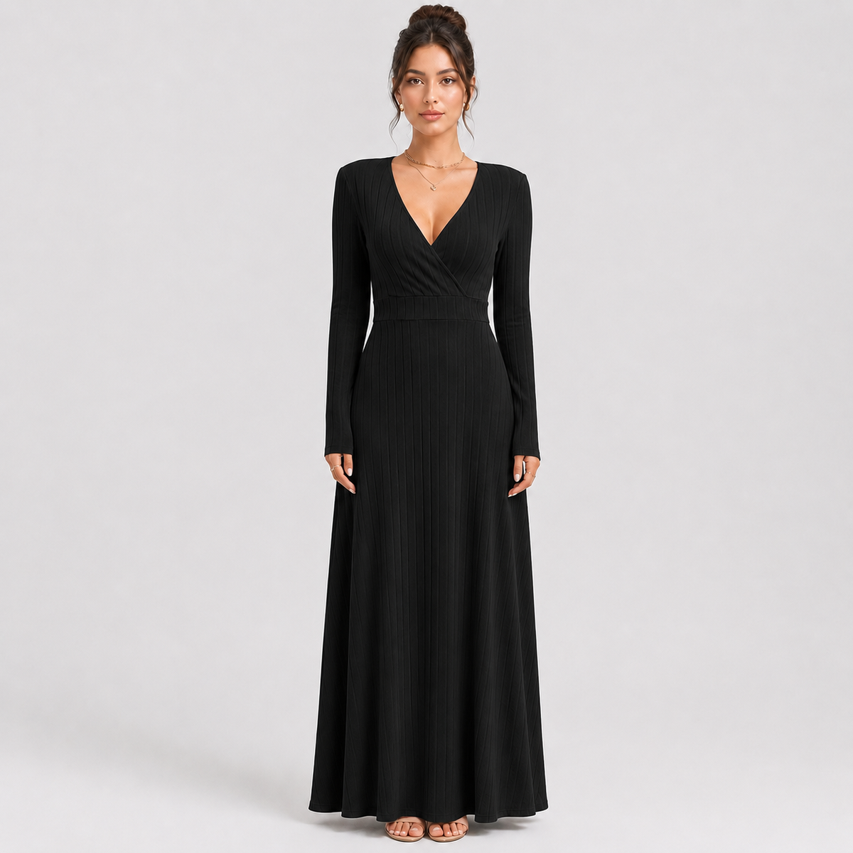 Women's Criss-Cross Neck Midi Dress – Long Sleeve A-Line Fit