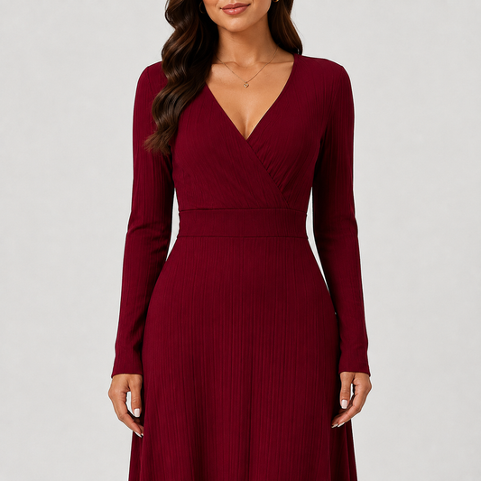 Women's Criss-Cross Neck Midi Dress – Long Sleeve A-Line Fit