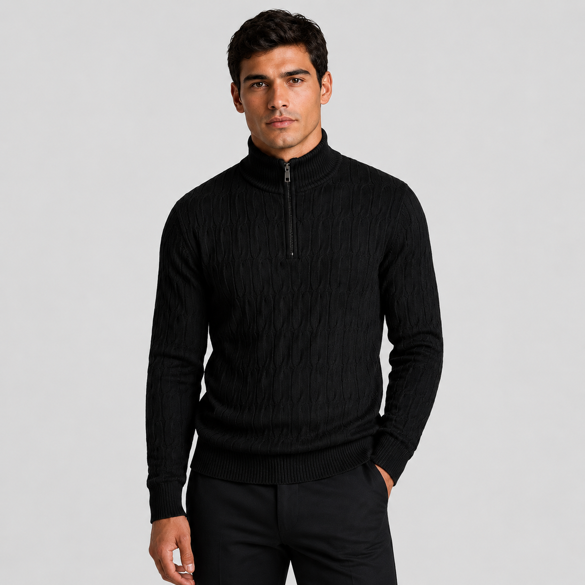 Men's Textured Quarter Zip Jumper – Funnel Neck Knit Sweater