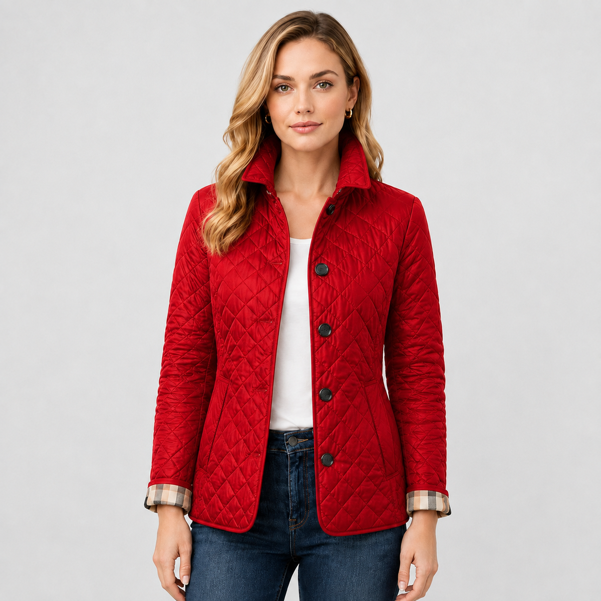 Women's Quilted Button Jacket – Stand Collar Style
