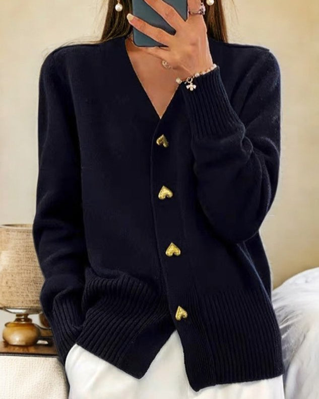 V-Neck Cardigan Sweater with Gold Heart Buttons