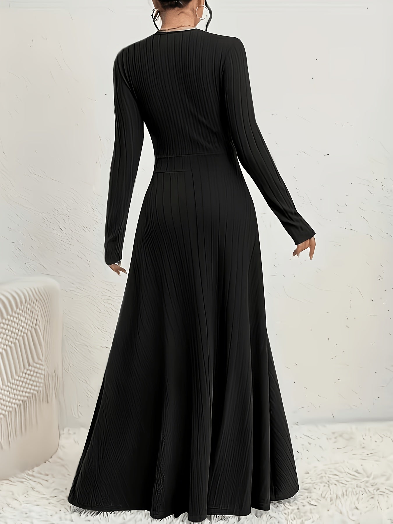 Women's A-Line Dress with Cross Neckline & Sleeves - Soft Stretch Midi Dress for All Seasons, Machine Washable Solid Color Elegant Casual to Formal Wear, Formal Attire, Construction