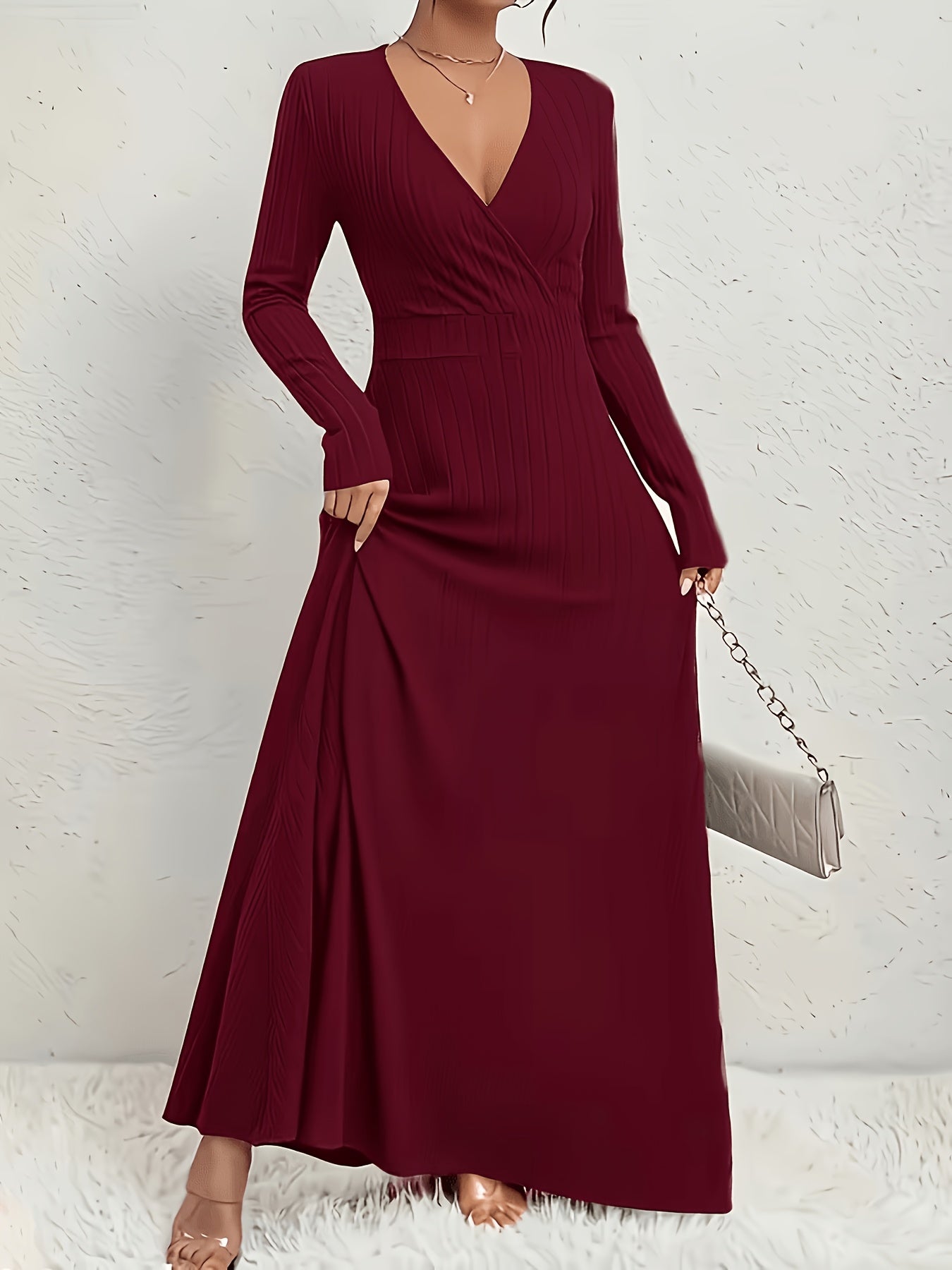 Women's A-Line Dress with Cross Neckline & Sleeves - Soft Stretch Midi Dress for All Seasons, Machine Washable Solid Color Elegant Casual to Formal Wear, Formal Attire, Construction