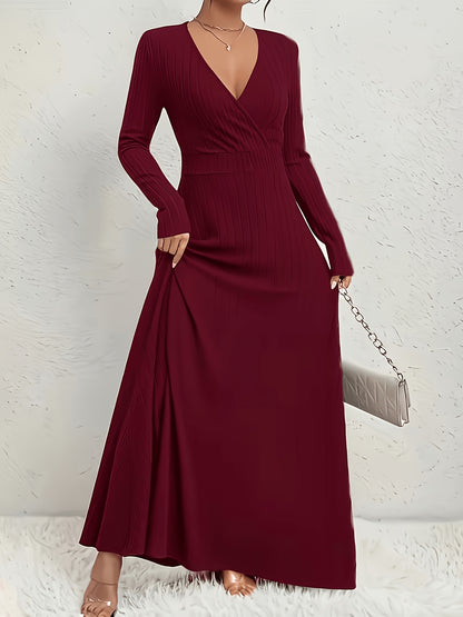 Women's A-Line Dress with Cross Neckline & Sleeves - Soft Stretch Midi Dress for All Seasons, Machine Washable Solid Color Elegant Casual to Formal Wear, Formal Attire, Construction