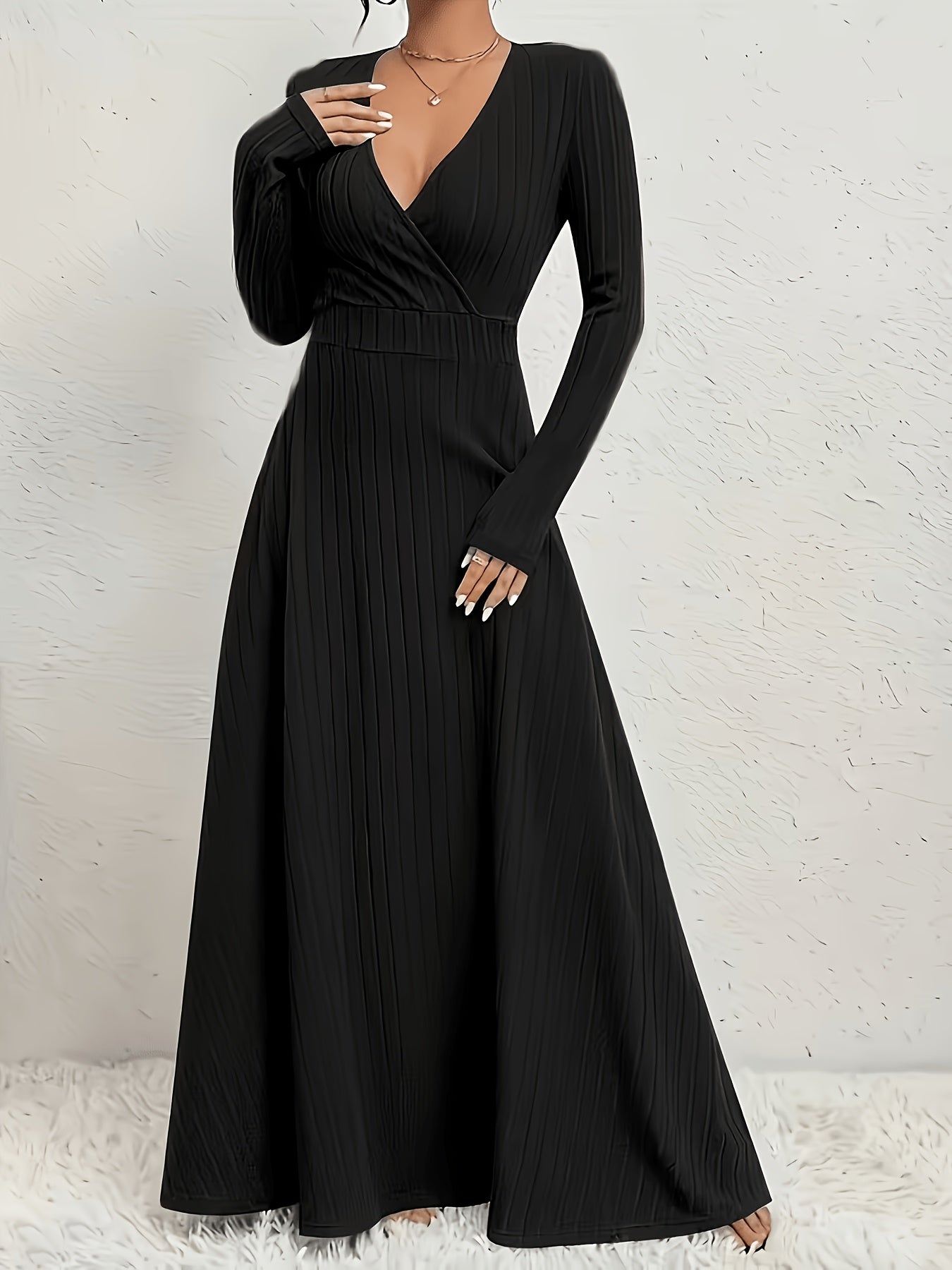Women's A-Line Dress with Cross Neckline & Sleeves - Soft Stretch Midi Dress for All Seasons, Machine Washable Solid Color Elegant Casual to Formal Wear, Formal Attire, Construction