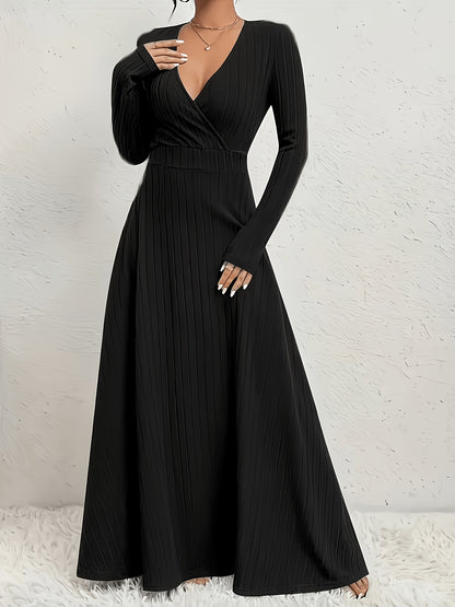 Women's A-Line Dress with Cross Neckline & Sleeves - Soft Stretch Midi Dress for All Seasons, Machine Washable Solid Color Elegant Casual to Formal Wear, Formal Attire, Construction