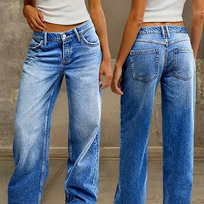 Women'S 2026 New Stretch Wide-Leg Jeans, Loose Straight-Leg Low-Rise Denim Trousers, Retro Washed Blue Jeans with Pockets, 90S Women'S Clothing, Street Style Boyfriend Style Pants, Suitable for Work, Travel, And Office Wear