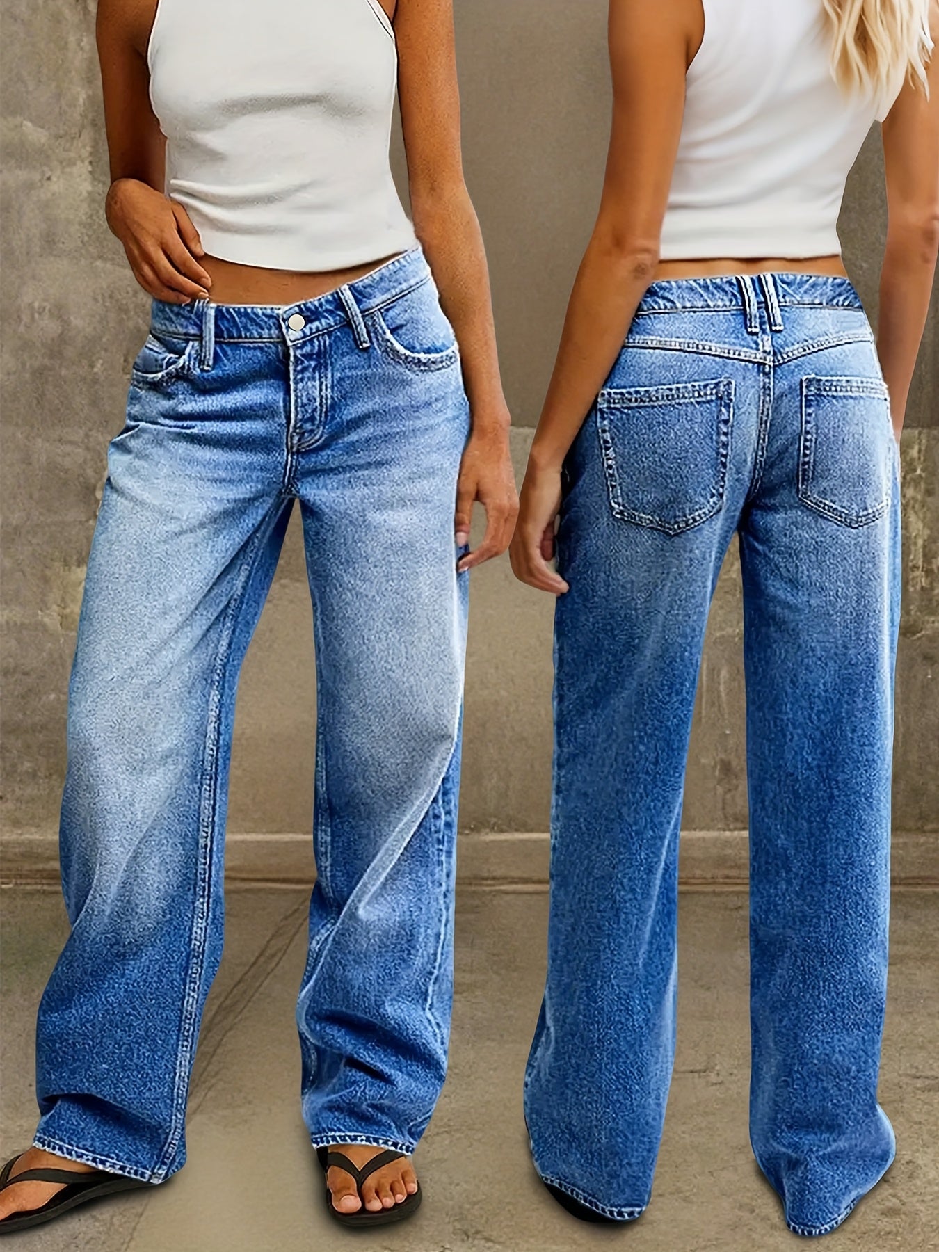 Women'S 2026 New Stretch Wide-Leg Jeans, Loose Straight-Leg Low-Rise Denim Trousers, Retro Washed Blue Jeans with Pockets, 90S Women'S Clothing, Street Style Boyfriend Style Pants, Suitable for Work, Travel, And Office Wear