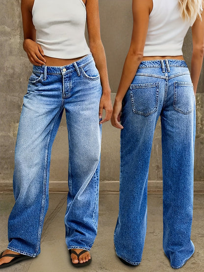 Women'S 2026 New Stretch Wide-Leg Jeans, Loose Straight-Leg Low-Rise Denim Trousers, Retro Washed Blue Jeans with Pockets, 90S Women'S Clothing, Street Style Boyfriend Style Pants, Suitable for Work, Travel, And Office Wear