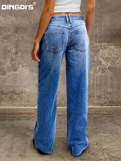 Women'S 2026 New Stretch Wide-Leg Jeans, Loose Straight-Leg Low-Rise Denim Trousers, Retro Washed Blue Jeans with Pockets, 90S Women'S Clothing, Street Style Boyfriend Style Pants, Suitable for Work, Travel, And Office Wear