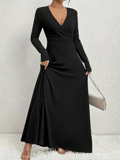 Women's A-Line Dress with Cross Neckline & Sleeves - Soft Stretch Midi Dress for All Seasons, Machine Washable Solid Color Elegant Casual to Formal Wear, Formal Attire, Construction