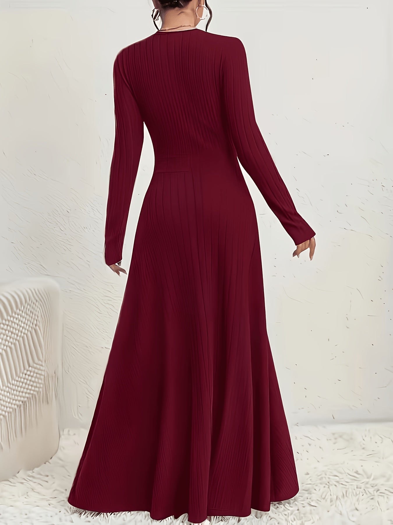 Women's A-Line Dress with Cross Neckline & Sleeves - Soft Stretch Midi Dress for All Seasons, Machine Washable Solid Color Elegant Casual to Formal Wear, Formal Attire, Construction