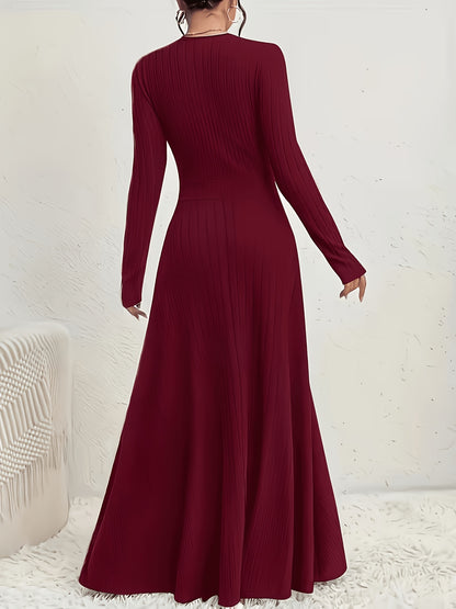 Women's A-Line Dress with Cross Neckline & Sleeves - Soft Stretch Midi Dress for All Seasons, Machine Washable Solid Color Elegant Casual to Formal Wear, Formal Attire, Construction