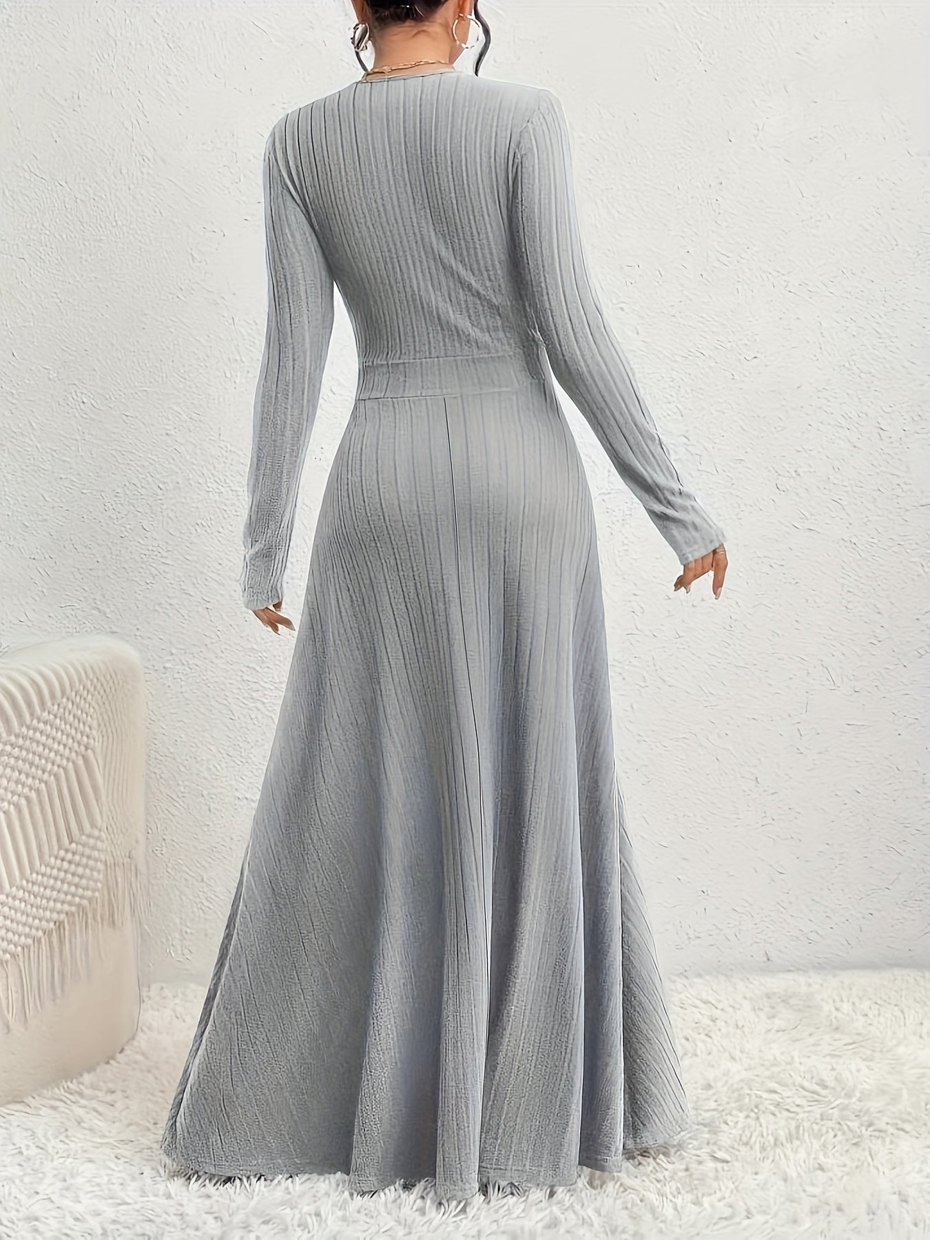 Women's A-Line Dress with Cross Neckline & Sleeves - Soft Stretch Midi Dress for All Seasons, Machine Washable Solid Color Elegant Casual to Formal Wear, Formal Attire, Construction