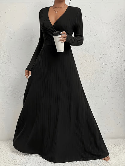 Women's A-Line Dress with Cross Neckline & Sleeves - Soft Stretch Midi Dress for All Seasons, Machine Washable Solid Color Elegant Casual to Formal Wear, Formal Attire, Construction
