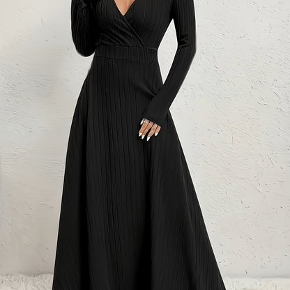 Women's A-Line Dress with Cross Neckline & Sleeves - Soft Stretch Midi Dress for All Seasons, Machine Washable Solid Color Elegant Casual to Formal Wear, Formal Attire, Construction