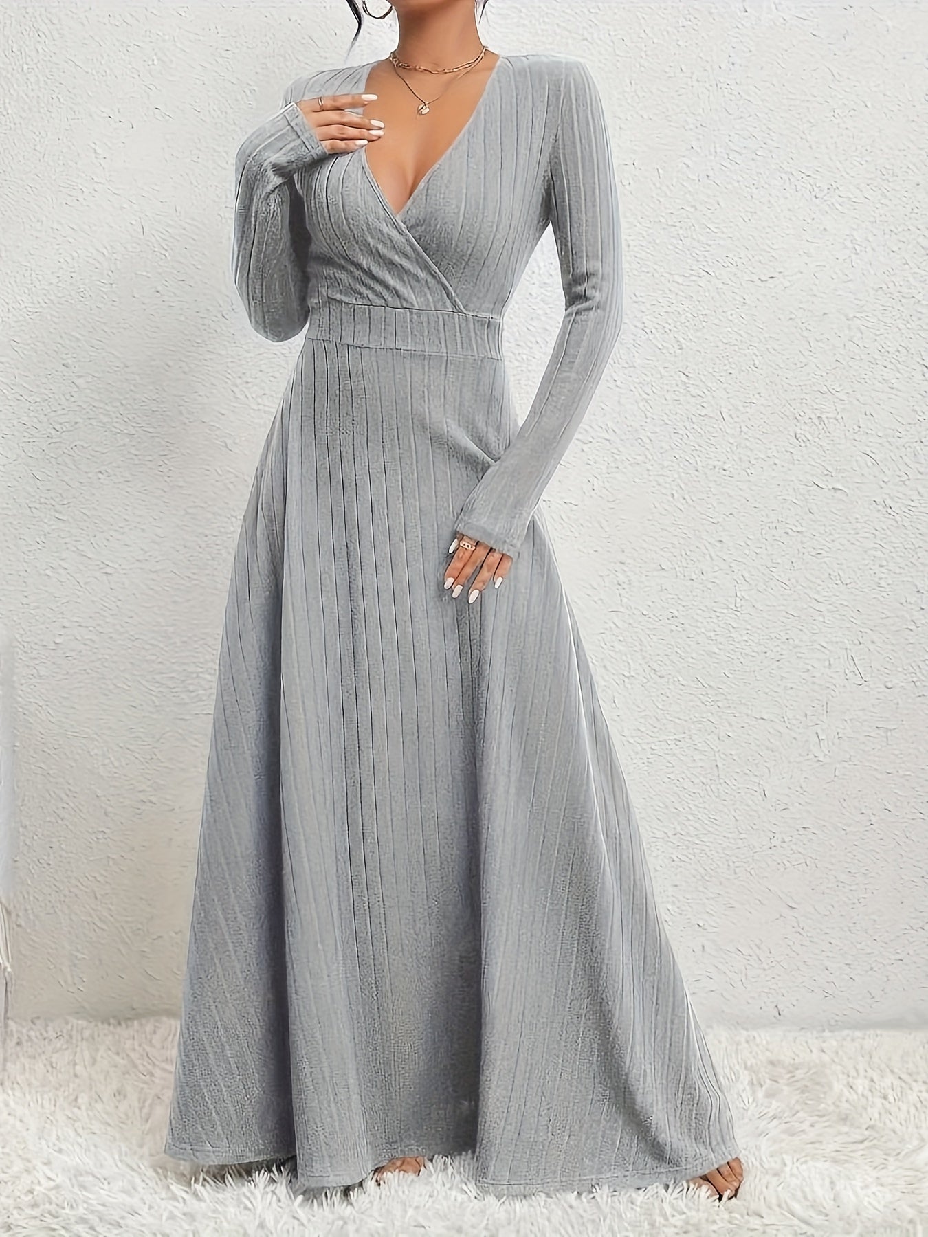 Women's A-Line Dress with Cross Neckline & Sleeves - Soft Stretch Midi Dress for All Seasons, Machine Washable Solid Color Elegant Casual to Formal Wear, Formal Attire, Construction