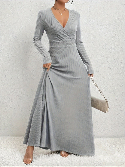 Women's A-Line Dress with Cross Neckline & Sleeves - Soft Stretch Midi Dress for All Seasons, Machine Washable Solid Color Elegant Casual to Formal Wear, Formal Attire, Construction