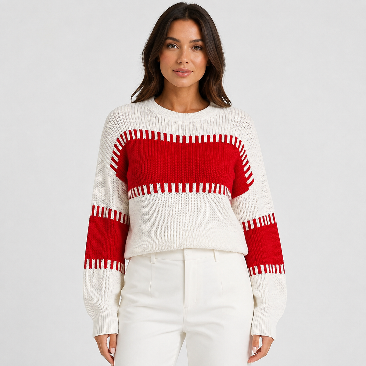 Women's Striped Knitted Jumper – Long Sleeve Crew Neck