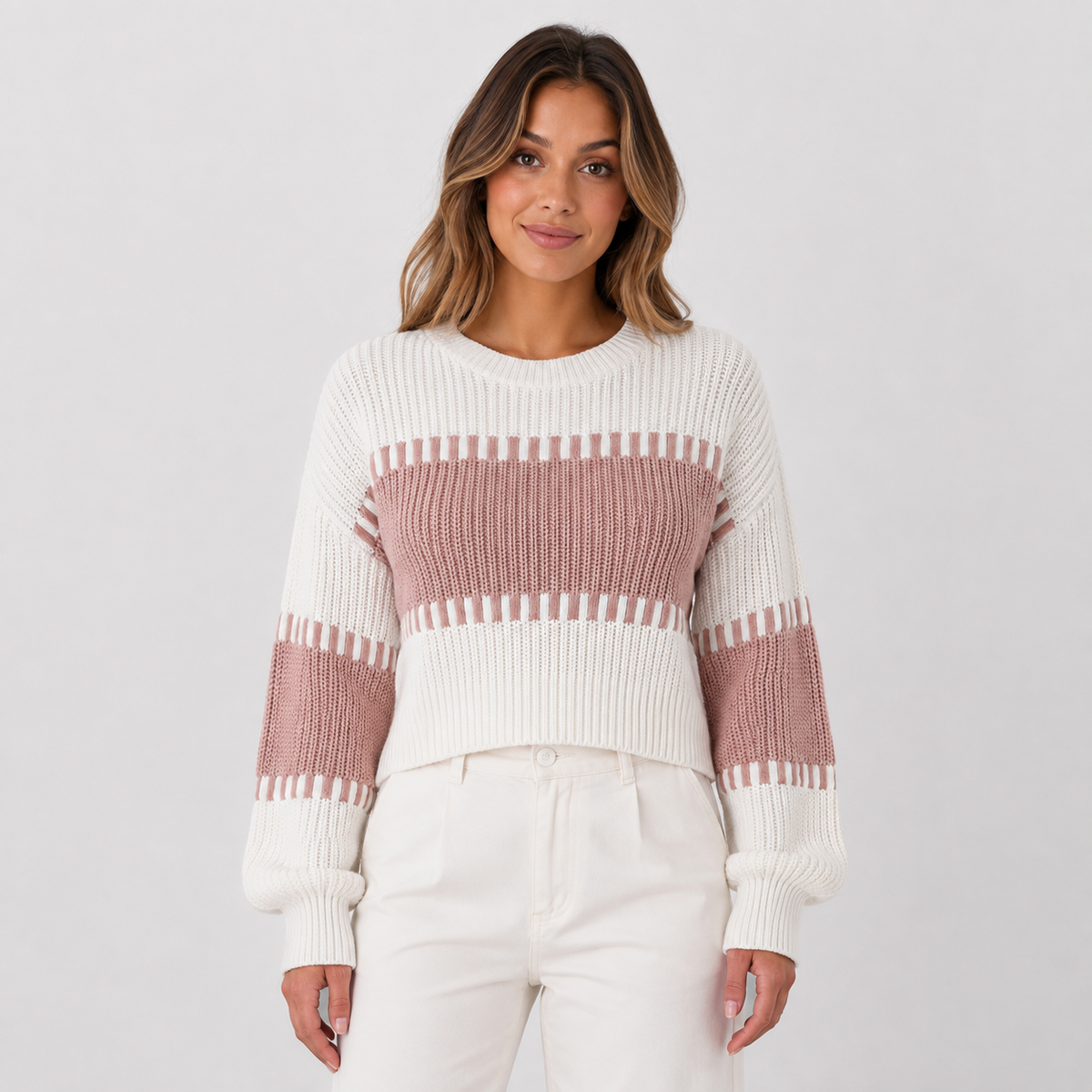 Women's Striped Knitted Jumper – Long Sleeve Crew Neck
