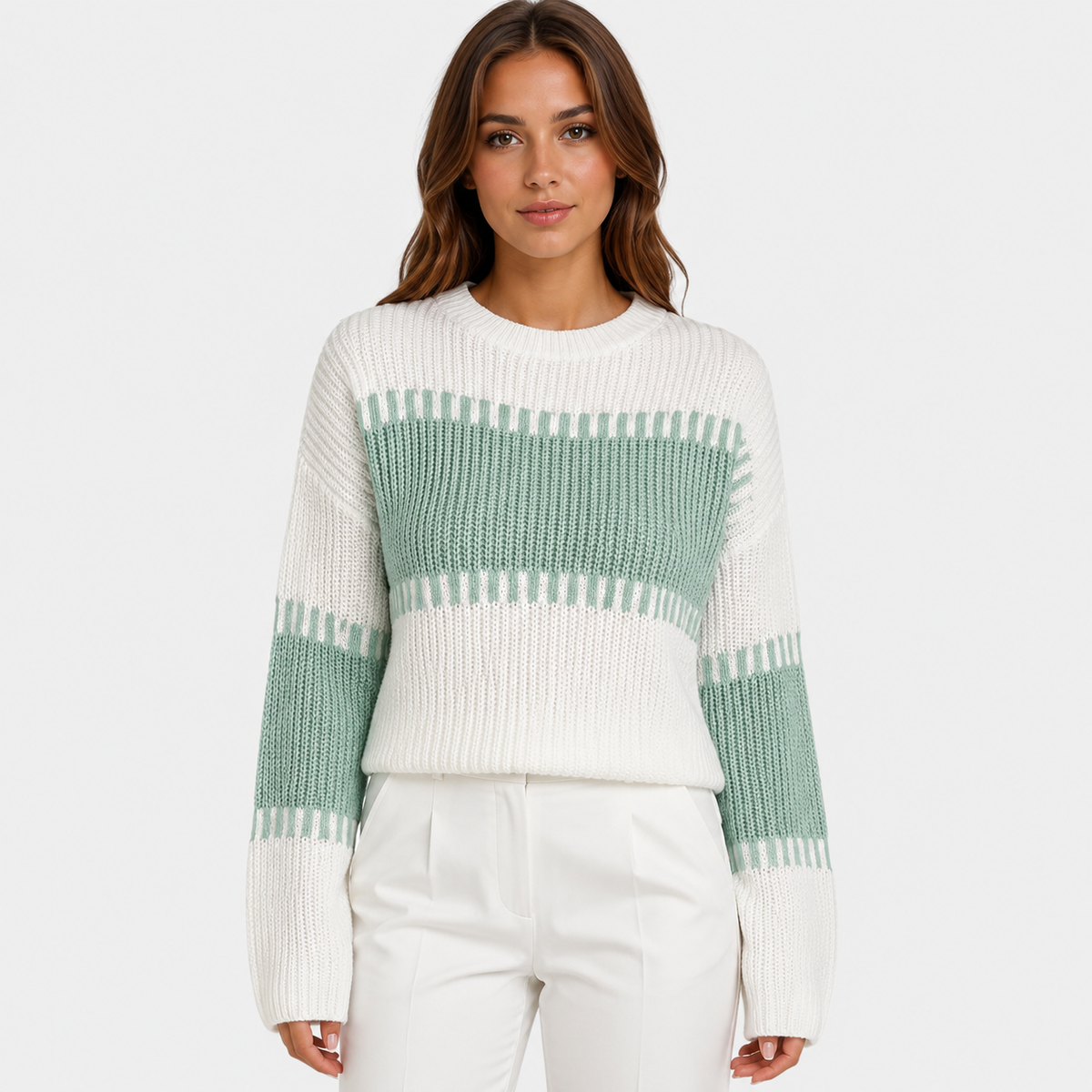 Women's Striped Knitted Jumper – Long Sleeve Crew Neck