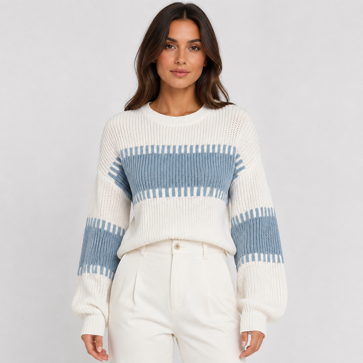 Women's Striped Knitted Jumper – Long Sleeve Crew Neck