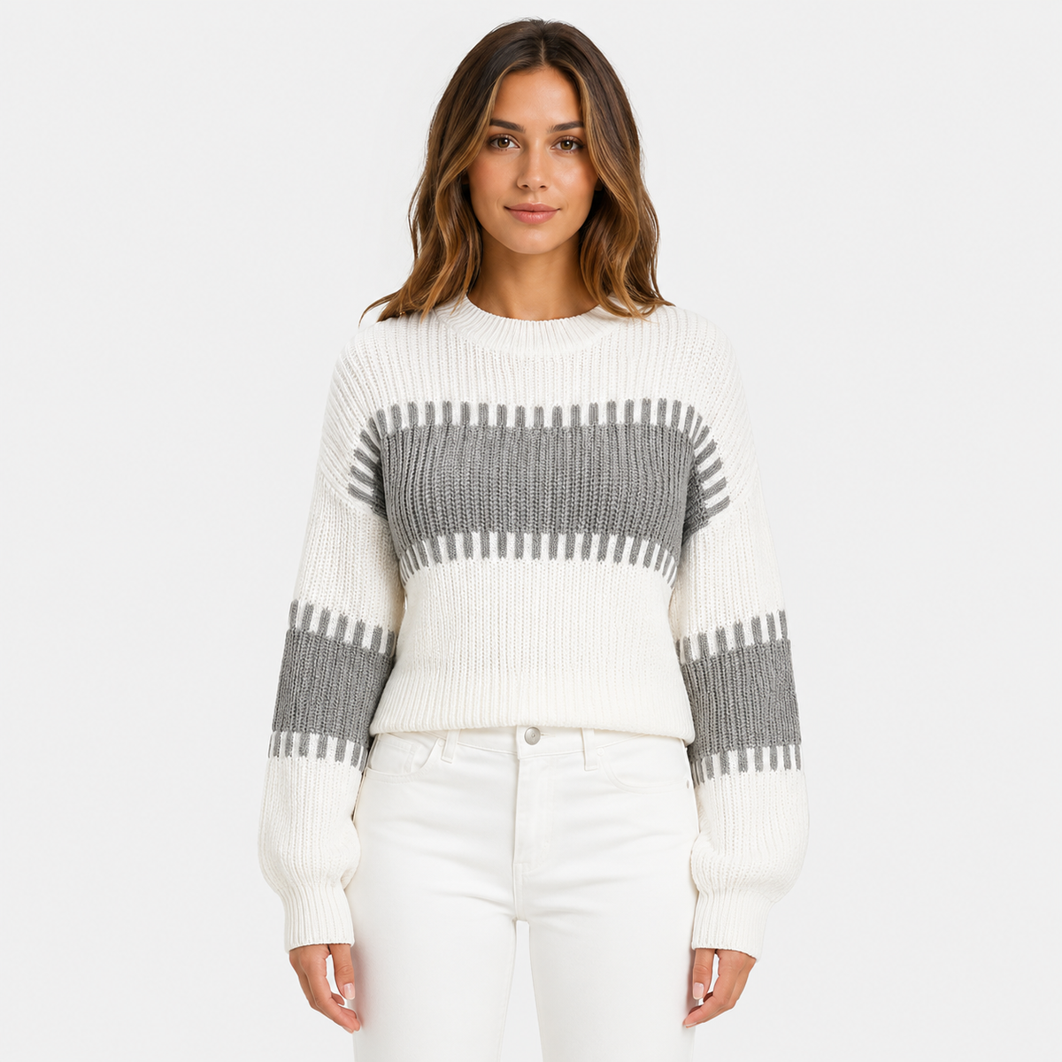 Women's Striped Knitted Jumper – Long Sleeve Crew Neck