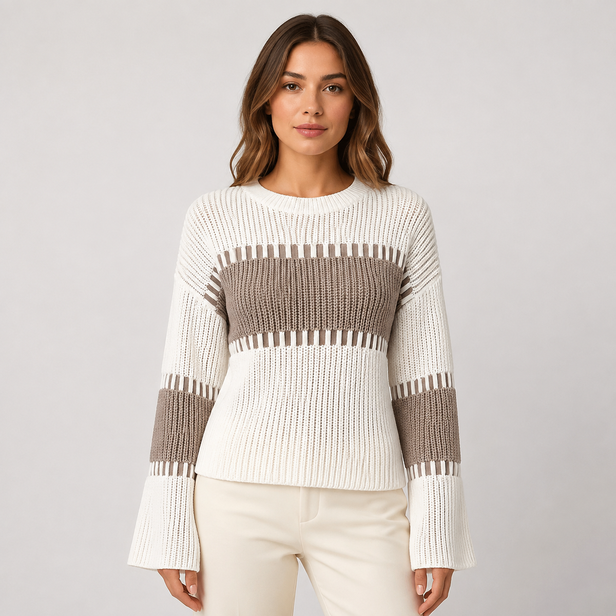 Women's Striped Knitted Jumper – Long Sleeve Crew Neck