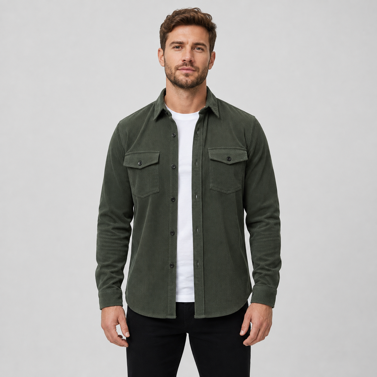 Men's - Thick Corduroy Overshirt Lapel Button-Up