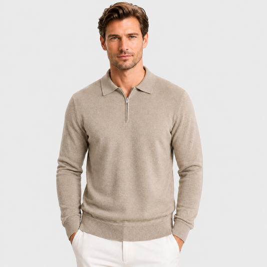 Men's Quarter Zip Polo Jumper – Fine Knit Long Sleeve Sweater