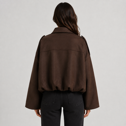 Women's Suede Bomber Jacket – Zip-Up Oversized Fit