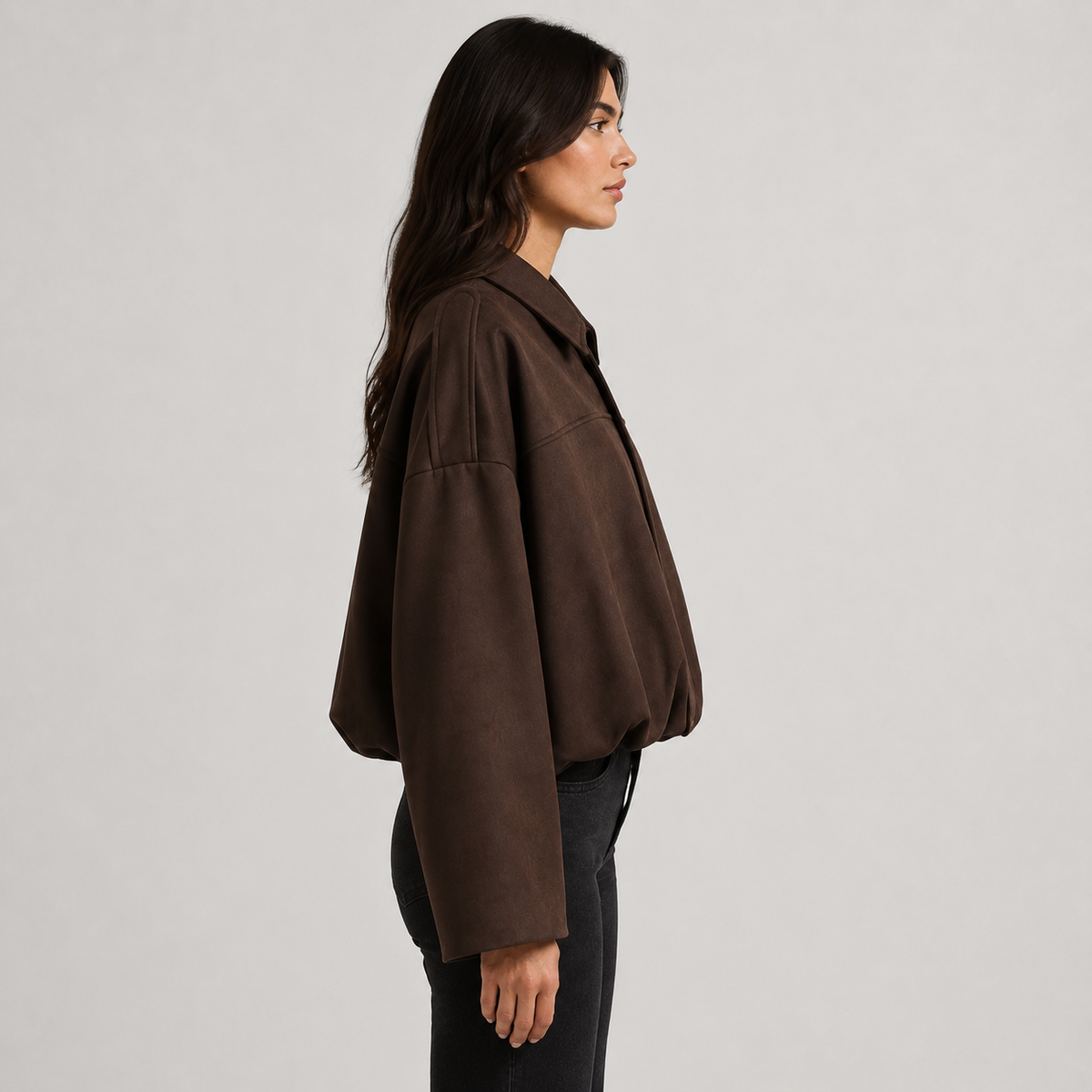 Women's Suede Bomber Jacket – Zip-Up Oversized Fit