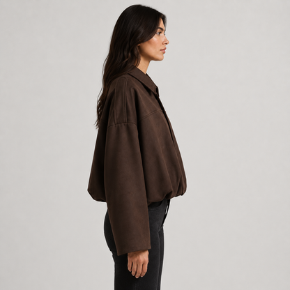Women's Suede Bomber Jacket – Zip-Up Oversized Fit