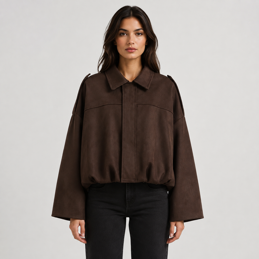 Women's Suede Bomber Jacket – Zip-Up Oversized Fit