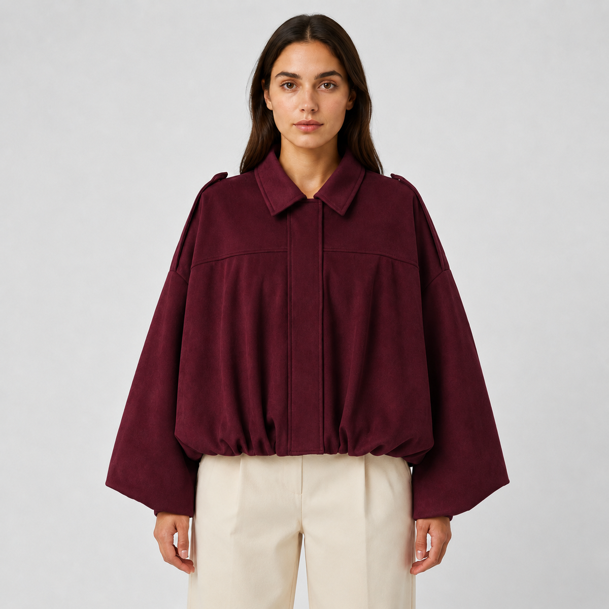 Women's Suede Bomber Jacket – Zip-Up Oversized Fit