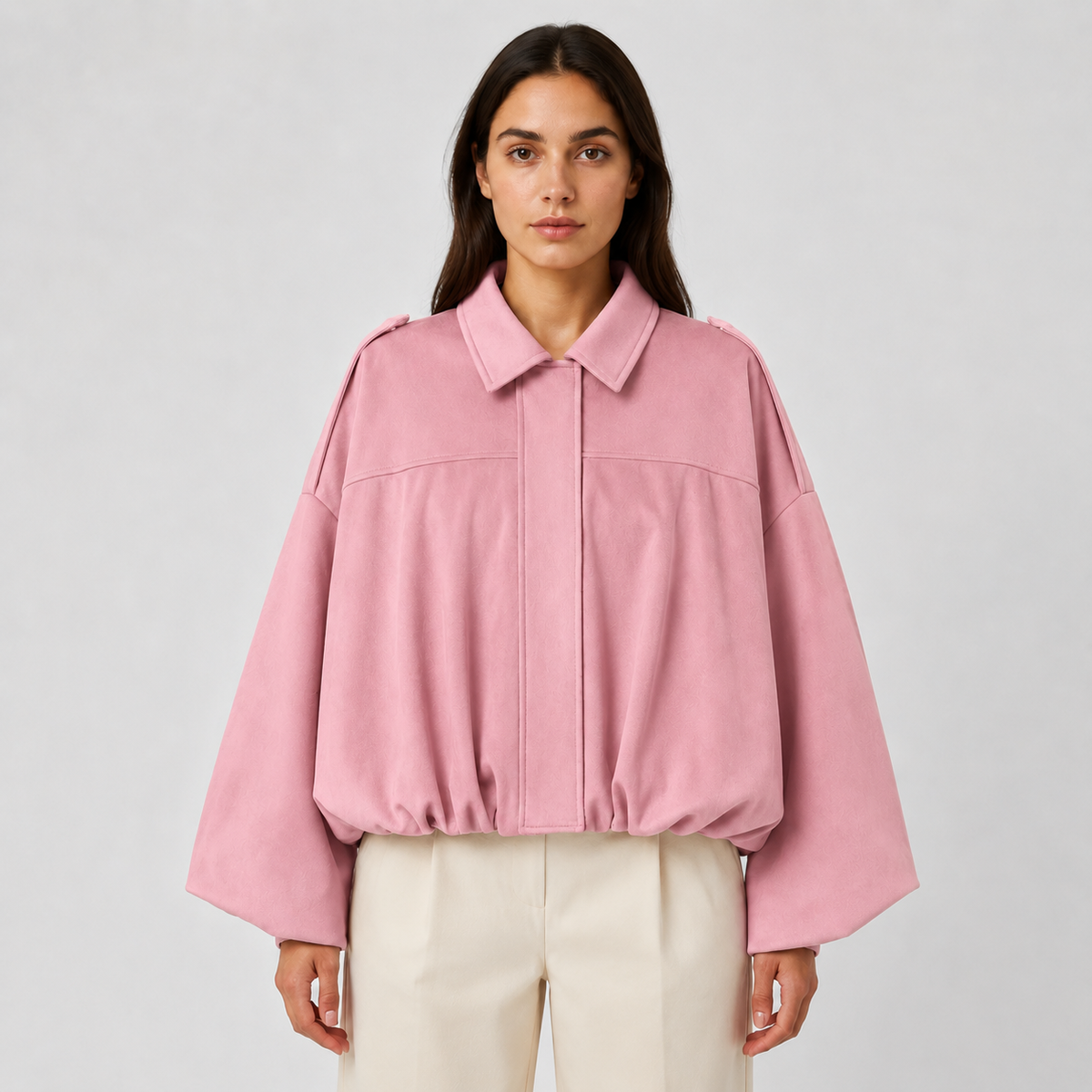 Women's Suede Bomber Jacket – Zip-Up Oversized Fit