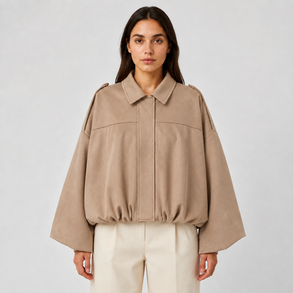 Women's Suede Bomber Jacket – Zip-Up Oversized Fit