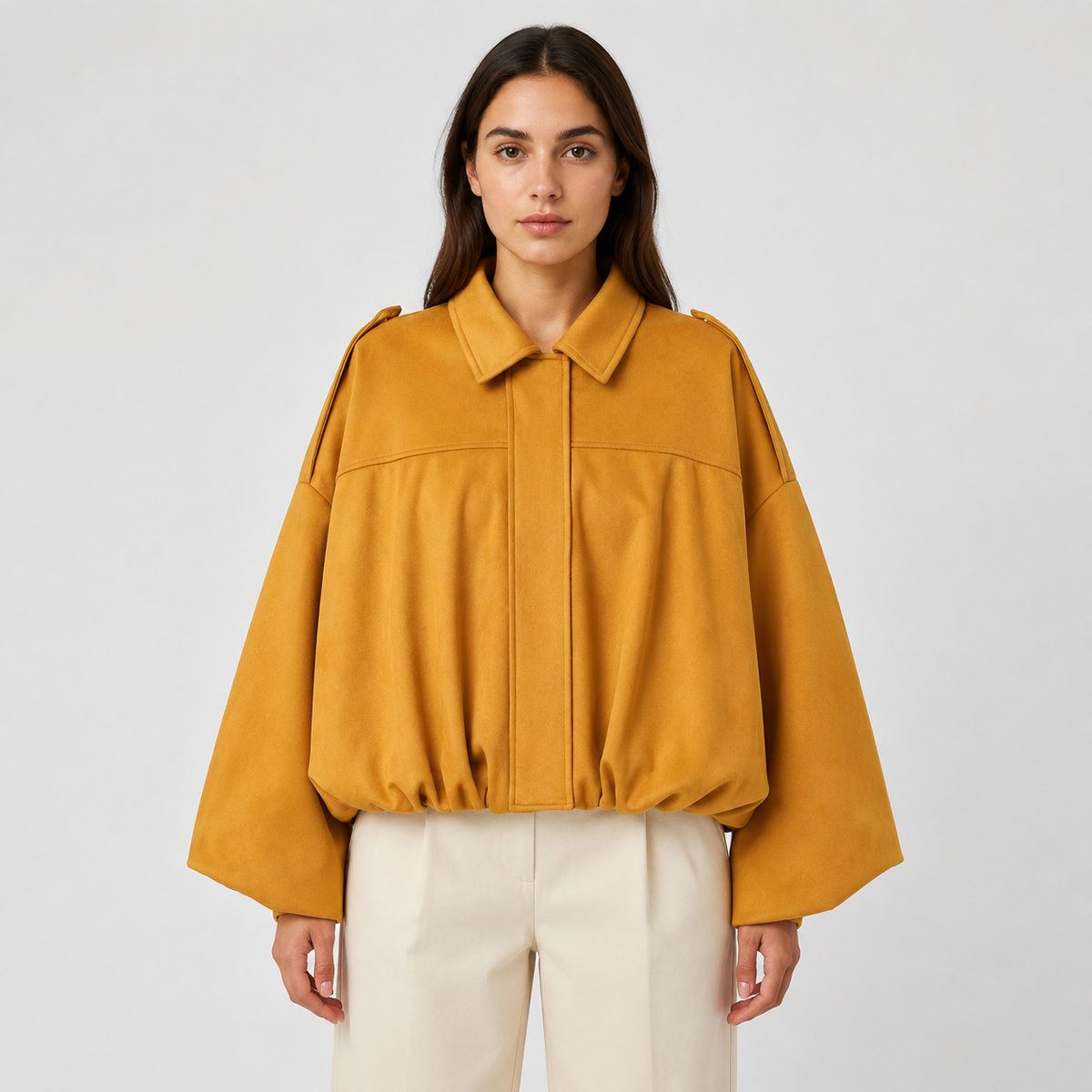 Women's Suede Bomber Jacket – Zip-Up Oversized Fit