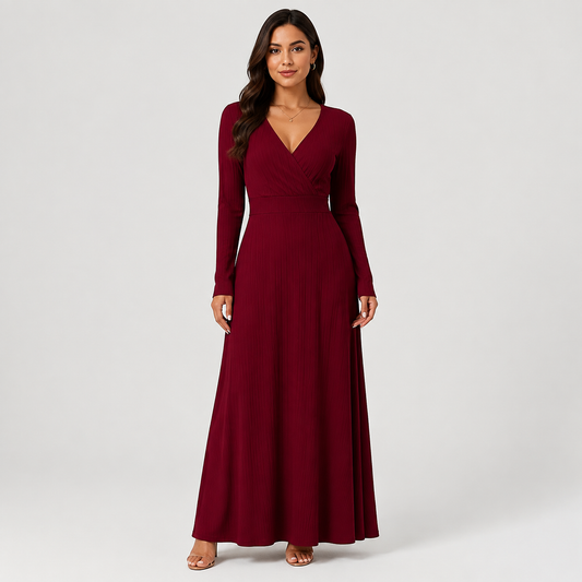 Women's Criss-Cross Neck Midi Dress – Long Sleeve A-Line Fit