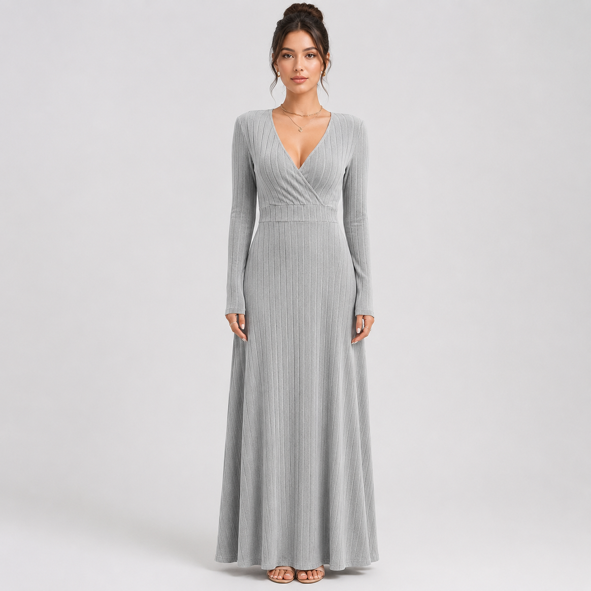 Women's Criss-Cross Neck Midi Dress – Long Sleeve A-Line Fit