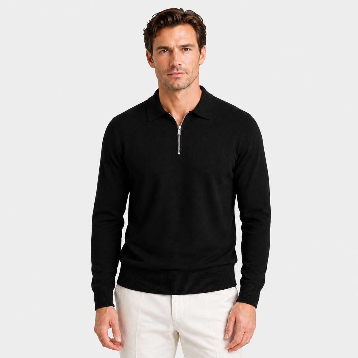 Men's Quarter Zip Polo Jumper – Fine Knit Long Sleeve Sweater