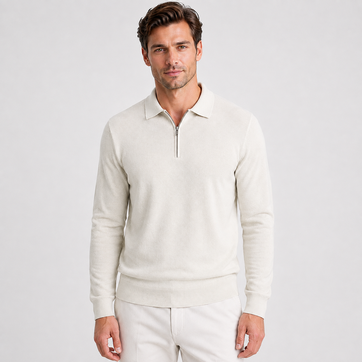 Men's Quarter Zip Polo Jumper – Fine Knit Long Sleeve Sweater