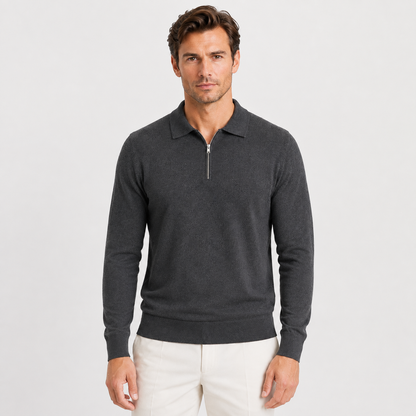 Men's Quarter Zip Polo Jumper – Fine Knit Long Sleeve Sweater