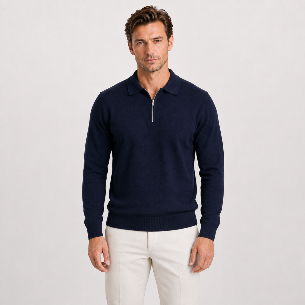 Men's Quarter Zip Polo Jumper – Fine Knit Long Sleeve Sweater