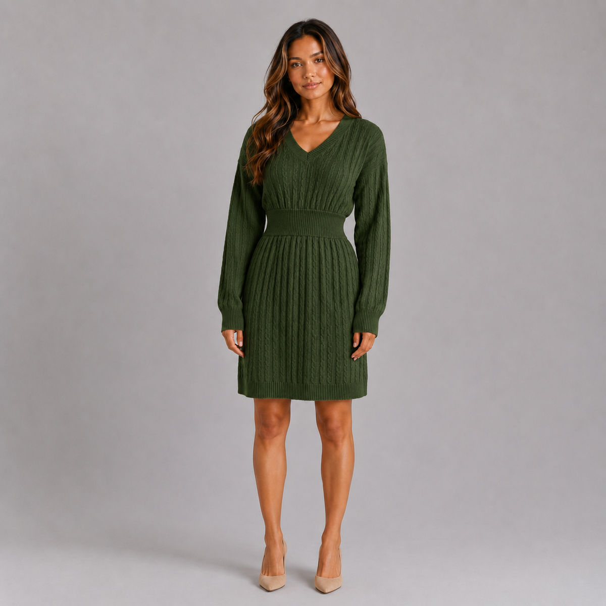 Women's Cable Knit Midi Dress – V-Neck Shirred Waist Fit