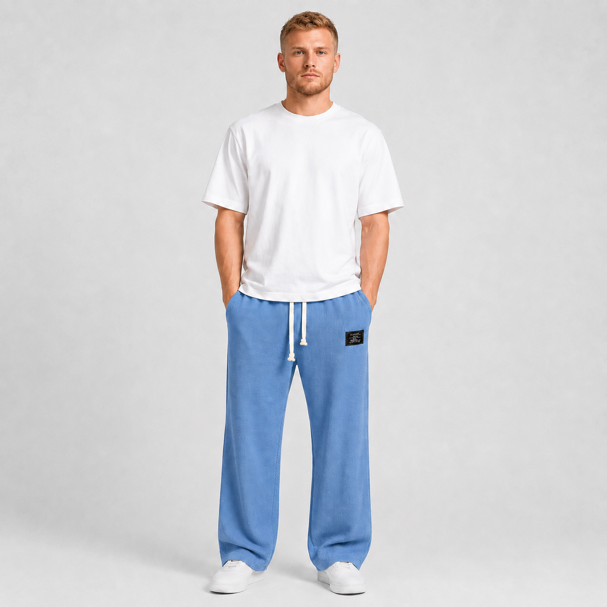 Men's Waffle Knit Drawstring Trousers – Relaxed Casual Lounge Fit