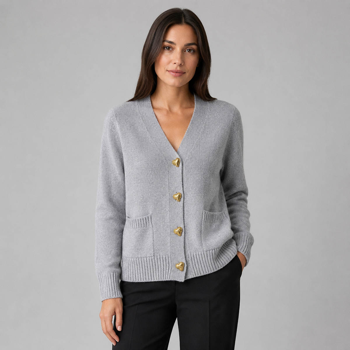 Women's V-Neck Cardigan – Gold Heart Button Detail