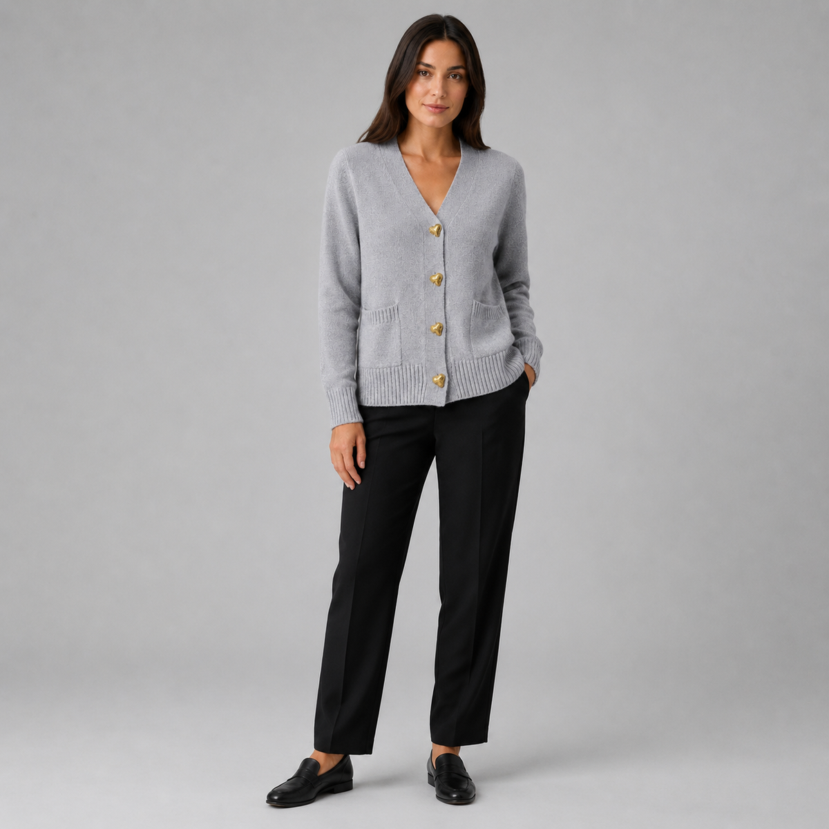 Women's V-Neck Cardigan – Gold Heart Button Detail