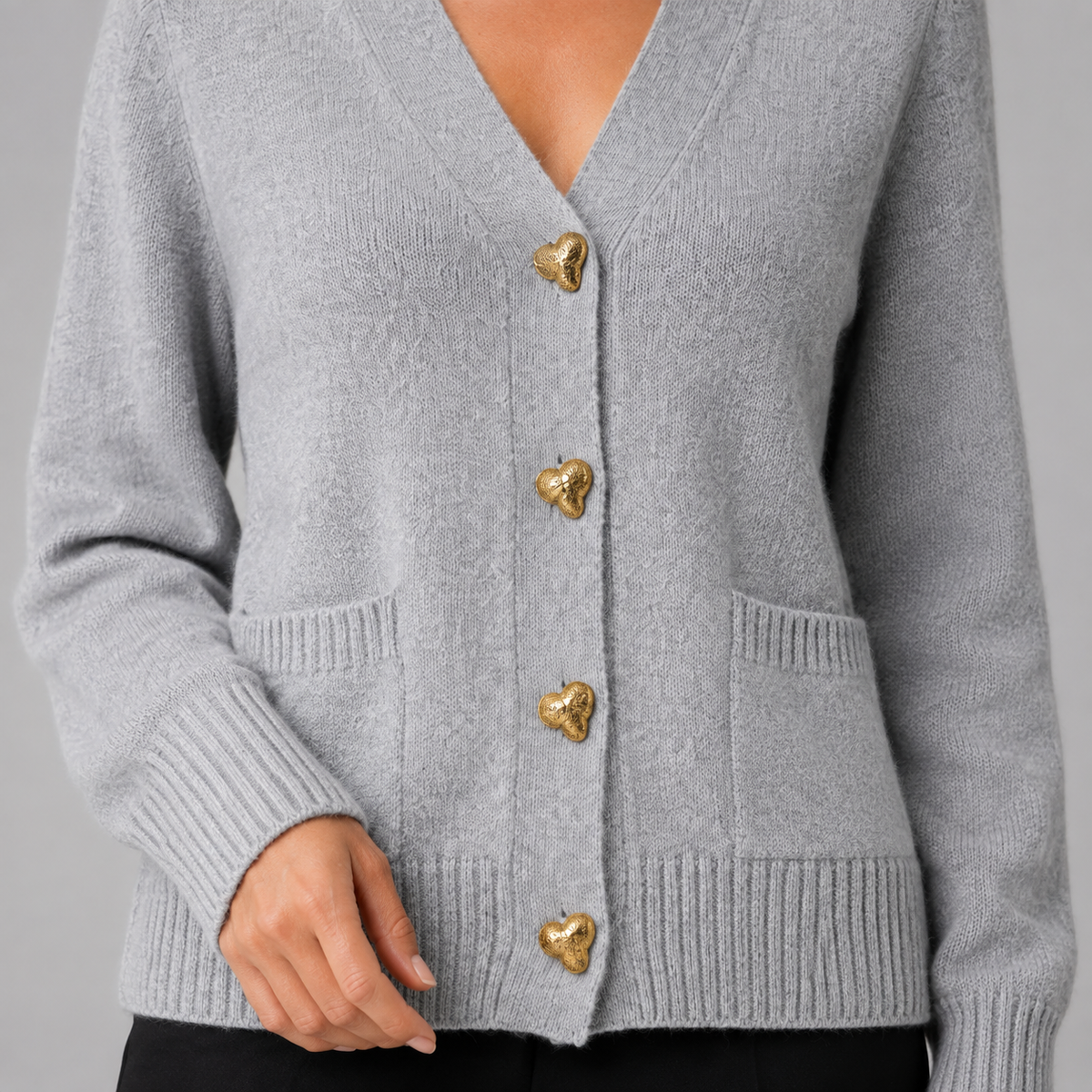 Women's V-Neck Cardigan – Gold Heart Button Detail
